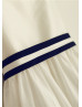 Ivory Taffeta Navy Blue Stripes Flower Girl Dress With Stripe Sash